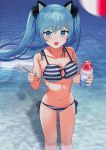  1girl bikini blue_eyes blue_hair eyebrows_visible_through_hair geisha-geisha- hatsune_miku highres long_hair nail_polish navel ocean open_mouth outdoors shaved_ice side-tie_bikini solo standing striped striped_bikini summer swimsuit twintails vocaloid wading water 