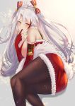  1girl ahoge alternate_costume ass azur_lane bangs bell black_legwear blush breasts christmas commentary dress elbow_gloves finger_to_mouth fur-trimmed_dress fur_trim gloves grey_background hair_between_eyes hair_ribbon highres large_breasts long_hair looking_at_viewer lying multicolored_hair on_side open_mouth pantyhose parted_bangs prinz_eugen_(azur_lane) red_dress red_eyes red_gloves red_hair ribbon santa_costume santa_dress sideboob silver_hair simple_background solo sparkle streaked_hair striped striped_ribbon two-tone_hair yami_kyon_oov 