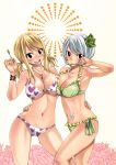  2girls absurdres asymmetrical_docking bikini black_eyes blonde_hair breast_press breasts cleavage fairy_tail flower frilled_bikini frills green_bikini hair_flower hair_ornament hand_on_another&#039;s_hip heart heart_print highres holding_key key large_breasts long_hair looking_at_viewer lucy_heartfilia mashima_hiro multiple_girls navel o-ring o-ring_bikini o-ring_top official_art open_mouth scan short_hair side-tie_bikini smile stomach_tattoo swimsuit tattoo twintails white_hair wristband yukino_aguria 