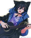  1boy animal_hood black_hair black_nails collar collarbone commentary_request guitar hair_between_eyes hand_print holding holding_instrument holostars hood hood_up hoodie instrument kanade_izuru looking_at_viewer male_focus music nail_polish nyokkiiiiin o-ring open_mouth playing_instrument purple_eyes singing solo spiked_collar spikes standing translation_request upper_body virtual_youtuber white_background 