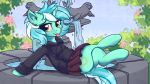  16:9 4k absurd_res blep bottomwear clothed clothing crossed_legs equid female fetal fountain friendship_is_magic hi_res horn lakunae looking_at_viewer lyra_heartstrings_(mlp) mammal my_little_pony skirt solo tongue tongue_out unicorn water widescreen 