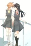  2girls absurdres black_hair couple green_eyes happy highres imminent_kiss koito_yuu long_hair looking_at_another medium_hair multiple_girls nanami_touko neck_ribbon nyamo orange_hair red_ribbon ribbon school_uniform simple_background skirt smile stairs thighs uniform white_background yagate_kimi_ni_naru yellow_eyes yellow_ribbon yuri 