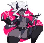  1girl armband belt belt_buckle black_jacket black_legwear black_shorts blush breasts buckle chain demon_girl demon_horns evil_smile gauntlets grey_skin hair_intakes helltaker horns jacket judgement_(helltaker) large_breasts long_hair looking_down navel pacha_(pachastuff) pointy_ears ponytail pussy shorts smile solo teeth v-shaped_eyebrows white_eyes white_hair 