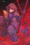  1girl bodysuit boots breasts commission edwin_huang fate/grand_order fate_(series) gae_bolg high_heel_boots high_heels highres long_hair medium_breasts navel pauldrons planted_spear polearm purple_bodysuit purple_hair red_eyes scathach_(fate)_(all) scathach_(fate/grand_order) see-through skin_tight solo spear thigh_boots thighhighs veil very_long_hair weapon 