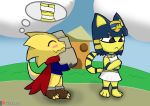  animal_crossing ankha_(animal_crossing) anthro bandage blue_hair blush breasts claws clothing digital_media_(artwork) domestic_cat dragon dres egyptian felid feline felis female fur hair male mammal nintendo scalie speech_bubble trejo_the_zoroark video_games yellow_body 