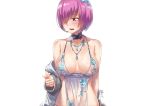  aliasing blush breasts choker cosplay fate/grand_order fate_(series) mash_kyrielight necklace nipples purple_eyes purple_hair see_through shiroi_ume short_hair signed white 