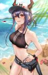  1girl arknights bangs bare_arms bare_shoulders baseball_cap beach belt bikini black_bikini blue_sky blush breasts ch&#039;en_(arknights) cloud commentary cowboy_shot crab day dragon_horns dragon_tail eyebrows_visible_through_hair grey_shorts hair_between_eyes halterneck hand_on_hip hat heart highres horns horns_through_headwear kurisustinah long_hair looking_at_viewer medium_breasts nail_polish navel ocean outdoors parted_lips pink_lips pink_nails pouch purple_hair red_eyes sand_castle sand_sculpture short_shorts shorts sidelocks sky smile solo standing stomach swimsuit tail thighs tied_hair watch water wristwatch 