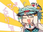  !! 1boy :3 ahoge arms_up bare_shoulders belt blush chibi closed_eyes commentary_request green_eyes green_hair green_neckwear green_skirt hair_between_eyes hair_ornament hairclip hat holding holostars jacket kagami_kira long_sleeves male_focus midriff necktie nyokkiiiiin open_mouth otoko_no_ko pleated_skirt ring_fit_adventure short_hair simple_background skirt smile solo standing translation_request v-shaped_eyebrows virtual_youtuber 