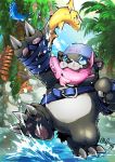  2020 anthro bearmon belly black_body black_fur detailed_background digimon digimon_(species) fishing fur odenzzi outside slightly_chubby solo water 