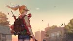  1girl apple axe backpack bag bandaged_arm bandages baseball_cap blonde_hair blue_eyes blurry blurry_background building dark_duck eating facing_away food fruit gun hair_through_headwear hat highres holding holding_axe holding_food holding_fruit long_hair outdoors ponytail shorts solo sunset weapon wind zhelter 