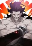  1boy anger_vein armor artist_name azusa_(hws) bara berserker black_hair bracelet chest clenched_teeth crossed_arms dark_skin dark_skinned_male fate/grand_order fate/stay_night fate_(series) glowing heterochromia jewelry long_hair looking_at_viewer male_focus manly muscle no_pupils pectorals red_sclera signature simple_background smile solo teeth upper_body veins yellow_sclera 