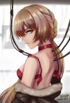  1girl back blonde_hair bra braid braided_bangs breasts brown_jacket caiman-pool dated english_text girls_frontline hair_ornament highres jacket jacket_removed long_hair ots-14_(girls_frontline) profile red_bra serious simple_background solo underwear very_long_hair yellow_eyes 