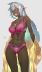  1girl abs aqua_hair ass_visible_through_thighs backlighting bare_arms bare_legs bare_shoulders bra breasts candy chocolate chocolate_heart chocolate_on_breasts collarbone dark_elf dark_skin dripping elf eyebrows_visible_through_hair food food_in_mouth grey_hair half-closed_eyes heart highres kawarage large_breasts long_hair looking_at_viewer melting mouth_hold multicolored_hair navel open_clothes open_shirt original panties pink_bra pink_eyes pink_panties pointy_ears shirt sideboob solo stomach strap_gap toned underwear undressing very_long_hair white_chocolate yellow_shirt 
