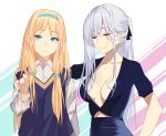  2girls ak-12_(girls_frontline) an-94_(girls_frontline) bangs blonde_hair blue_eyes blue_shirt blue_skirt blue_vest breasts closed_eyes collarbone drawing earrings girls_frontline hair_ornament hand_on_shoulder hand_up highres jewelry long_hair medium_breasts multiple_girls open_clothes open_shirt shirt silver_hair simple_background skirt smile talnory vest white_hair white_shirt 