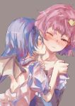  2girls bat_wings blue_hair blush closed_eyes hair_ornament hands_on_another&#039;s_shoulders heart heart_hair_ornament highres kiss komeiji_satori multiple_girls neck_kiss no_hat no_headwear one_eye_closed pink_eyes pink_hair remilia_scarlet short_hair touhou upper_body wings yohane yuri 