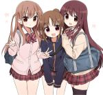  3girls :3 :d achiga_school_uniform atarashi_ako bag beige_sweater black_legwear blue_jacket bow bowtie brown_eyes brown_hair cardigan carrying cherry_blossoms closed_mouth cowboy_shot double_w dress_shirt eyebrows_visible_through_hair girl_sandwich hair_tie hands_on_another&#039;s_shoulders jacket leaning_forward long_hair looking_at_viewer matsumi_kuro miniskirt multiple_girls open_mouth petals pink_sweater plaid plaid_skirt pleated_skirt ponytail purple_eyes red_neckwear red_skirt saki saki_achiga-hen sandwiched school_bag school_uniform shirt shisoneri side-by-side simple_background skirt smile standing striped striped_neckwear sweater takakamo_shizuno thighhighs track_jacket two_side_up w white_background white_shirt wing_collar zipper 