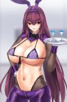  1girl animal_ears bikini bikini_top breasts bunny_girl cocktail_glass cropped_jacket cup drinking_glass fake_animal_ears fate/grand_order fate_(series) fishnet_legwear fishnets gachou heart highres holding holding_tray large_breasts long_hair meme_attire navel parted_lips purple_hair red_eyes revealing_clothes reverse_bunnysuit reverse_outfit scathach_(fate)_(all) scathach_(fate/grand_order) shrug_(clothing) smile solo spoken_heart stomach swimsuit tray wrist_cuffs zipper 