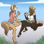  anthro blonde_hair bottomwear breasts brown_eyes brown_hair burger canid canine canis chest_tuft cleavage clothed clothing cloud coyote duo eyes_closed fairdahlia female fluffy fluffy_tail food footwear fur hair harper_(fairdahlia) hi_res laugh mammal mel_(mykegreywolf) mustard mustelid musteline outside sandals shorts sitting sky smile tuft wolverine 
