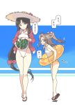  2girls alternate_costume black_hair brown_hair food fruit hair_ribbon hat innertube kantai_collection long_hair low-tied_long_hair multiple_girls nakadori_(movgnsk) ribbon sandals shouhou_(kantai_collection) straw_hat swimsuit translation_request very_long_hair watermelon zuihou_(kantai_collection) 