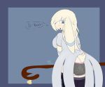  anthro big_butt blue_eyes bovid breasts butt caprine clothing dialogue domestic_sheep embarrassed female hi_res looking_at_viewer looking_back mammal open_mouth panties pants_pull presenting presenting_hindquarters sheep simple_background solo temiest underwear 