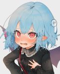  !!? 1girl artist_name bangs bat_wings black_bow black_ribbon blue_hair blush bow close-up collared_dress embarrassed fang frilled_shirt_collar frilled_sleeves frills gotoh510 hand_on_hip hand_on_own_chest hand_up highres long_sleeves looking_at_viewer nail_polish no_hat no_headwear open_mouth pointy_ears red_eyes red_nails remilia_scarlet ribbon short_hair signature simple_background solo speech_bubble touhou white_background wings 