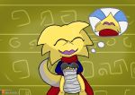  animal_crossing ankha_(animal_crossing) anthro bandage blue_hair blush breasts broom claws clothing digital_media_(artwork) domestic_cat dragon dres duo egyptian feather_duster felid feline felis female fur hair male mammal nintendo scalie speech_bubble trejo_the_zoroark video_games yellow_body 