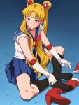  1girl bishoujo_senshi_sailor_moon black_legwear blonde_hair blue_eyes blue_sailor_collar choker crescent crescent_earrings double_bun earrings feet heart heart_choker highres inner_senshi jewelry legs long_hair looking_at_viewer maku_(l-u) red_choker sailor_collar sailor_moon sailor_moon_redraw_challenge sailor_senshi sailor_senshi_uniform socks soles toes tsukino_usagi twintails 