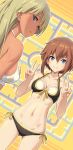  2girls alice_gear_aegis araime_yasuri bikini blonde_hair blue_eyes brown_hair closed_mouth commentary_request double_v eyebrows_behind_hair highres kanagata_sugumi multiple_girls navel parted_lips pinakes swimsuit v 