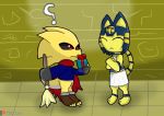  animal_crossing ankha_(animal_crossing) anthro bandage blue_hair blush breasts broom claws clothing digital_media_(artwork) domestic_cat dragon dres duo egyptian feather_duster felid feline felis female fur gift gift_box gift_wrapped hair male mammal nintendo scalie trejo_the_zoroark video_games yellow_body 