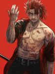  1boy arm_up bandages bangs belt blood blood_on_face bloody_clothes bloody_hands bruise chest chinese_clothes collar fate/extra fate/grand_order fate_(series) hair_ornament hair_over_one_eye holding injury kusarebon li_shuwen_(fate) long_hair looking_at_viewer makeup male_focus muscle nipples one_eye_closed open_mouth pants partially_undressed polearm ponytail red_background red_hair toned toned_male upper_body weapon 