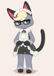  2020 absurd_res animal_crossing anthro blonde_hair blush bottomwear bulge clothed clothing clothing_lift domestic_cat eyewear felid feline felis full-length_portrait fur glasses grey_body grey_fur hair heterochromia hi_res maid_uniform male mammal nintendo portrait raymond_(animal_crossing) skirt skirt_lift solo uniform video_games も 