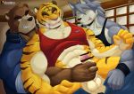  2018 abs alternate_version_at_source anthro anthro_on_anthro big_muscles blush breathing canid canine canis censored clothed clothing erection eyebrows felid genitals group group_sex handjob huge_muscles humanoid_genitalia humanoid_penis juuichi_mikazuki kouya_(morenatsu) male male/male mammal morenatsu muscular muscular_male naruever pantherine patreon pecs penile penis sex smile thick_eyebrows threesome tiger tongue torahiko_(morenatsu) ursid video_games visual_novel wolf 