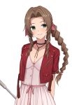  1girl aerith_gainsborough blush bow braid braided_ponytail breasts brown_hair choker cleavage cropped_jacket dress final_fantasy final_fantasy_vii final_fantasy_vii_remake green_eyes hair_bow half-closed_eyes highres jacket jewelry looking_at_viewer looking_to_the_side necklace open_clothes open_jacket pink_bow pink_dress short_sleeves simple_background smile solo staff unbuckled_belt white_background yahiro_(epicopeiidae) 