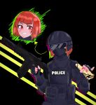  1girl absurdres artist_request balaclava character_request fingerless_gloves food gloves goggles helltaker helmet highres pancake police police_uniform policewoman red_eyes red_hair solo source_request swat tactical_clothes uniform 
