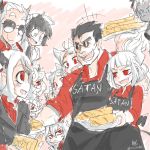  1boy 6+girls apron azazel_(helltaker) black_apron black_hair cerberus_(helltaker) crepe dark_skin fang food glasses heart heart-shaped_pupils helltaker helltaker_(character) horns judgement_(helltaker) justice_(helltaker) lucifer_(helltaker) malina_(helltaker) modeus_(helltaker) multiple_girls red_eyes shirotake_jinan sunglasses symbol-shaped_pupils white_hair zdrada_(helltaker) 