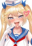  1girl :3 bangs blue_eyes blue_sailor_collar fang hair_between_eyes hair_ribbon hat heart heart-shaped_pupils last_origin long_hair looking_at_viewer mh-4_thetis ribbon sailor_collar sailor_hat simang simple_background solo symbol-shaped_pupils tongue tongue_out twintails v white_background 