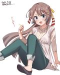  1girl :d alternate_costume black_footwear blue_eyes brown_hair casual clenched_hand dated foot_out_of_framewhite_sweater green_pants hair_ribbon highres kantai_collection kazagumo_(kantai_collection) long_hair looking_at_viewer meguru_(megurunn) open_mouth pants ponytail pumps ribbed_sweater ribbon simple_background sitting smile solo sweater twitter_username white_background 