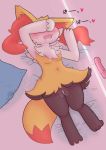  after_masturbation anthro blush bodily_fluids braixen breasts canid canine dildo featureless_breasts female fur genital_fluids genitals hi_res inner_ear_fluff mammal nintendo nude open_mouth pillow pok&eacute;mon pok&eacute;mon_(species) pussy pussy_juice sex_toy simple_background solo tuft video_games white_body yellow_body yellow_fur も 