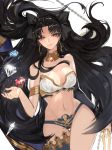  1girl absurdres armlet bare_shoulders black_hair breasts cleavage cowboy_shot earrings elbow_gloves fate/grand_order fate_(series) gem gloves highres hoop_earrings ishtar_(fate)_(all) ishtar_(fate/grand_order) jewelry long_hair looking_at_viewer medium_breasts red_eyes single_elbow_glove single_thighhigh smile solo thigh_gap thighhighs tsumugi_(mktmppp) very_long_hair 