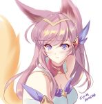  1girl ahri animal_ear_fluff animal_ears artist_name bare_shoulders blush breasts cleavage commentary_request cosplay dated detached_collar eyebrows_visible_through_hair hair_between_eyes hair_ornament hair_over_shoulder league_of_legends long_hair looking_at_viewer medium_breasts pink_hair pout purple_eyes s-yin sailor_moon sailor_moon_(cosplay) sailor_moon_redraw_challenge sailor_senshi_uniform simple_background solo tail tiara upper_body white_background wolf_ears wolf_girl wolf_tail 