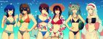  6+girls ^_^ ^o^ akagi_(kantai_collection) alternate_costume artist_name bare_shoulders bikini black_bikini blue_bikini blue_hair bracelet breasts brown_eyes brown_hair cleavage closed_eyes cowboy_shot cup dark_green_hair drinking drinking_glass flower food green_bikini hair_down hair_flower hair_ornament hairband hat hawaiian_shirt hibiscus hiryuu_(kantai_collection) holding holding_cup holding_food holding_lifebuoy jewelry kaga_(kantai_collection) kantai_collection large_breasts long_hair midriff multiple_girls navel one_side_up red_bikini red_hairband shaved_ice shirt short_hair shoukaku_(kantai_collection) shunjitsu_(gondowana) side_ponytail small_breasts souryuu_(kantai_collection) straw_hat sunglasses swimsuit tied_shirt twintails twitter_username white_hair yellow_eyes zuikaku_(kantai_collection) 