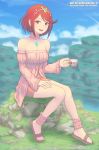 1girl :d alternate_costume bangs bare_shoulders breasts cup day dress earrings holding holding_cup homura_(xenoblade_2) jewelry long_sleeves looking_at_viewer marfrey medium_breasts off-shoulder_dress off_shoulder open_mouth outdoors pink_dress red_eyes red_hair sandals short_dress short_hair sitting sitting_on_rock smile solo swept_bangs tiara xenoblade_(series) xenoblade_2 