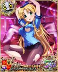  1girl asia_argento bangs bishop_(chess) blonde_hair blue_shirt blunt_bangs blunt_ends blush bound bound_wrists breasts card_(medium) chess_piece eyebrows_visible_through_hair eyes_visible_through_hair green_eyes hat high_school_dxd long_hair looking_at_viewer medium_breasts miniskirt necktie no_bra official_art on_bed open_mouth pantyhose pillow police police_hat police_uniform policewoman shirt short_sleeves sitting skirt solo star torn_clothes uniform 