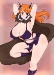  1girl afrobull alternate_costume armpits arms_up breasts cape cleavage commentary covered_nipples english_commentary flower fur_cape hair_flower hair_ornament highres horns huge_breasts leg_up long_hair microskirt nami_(one_piece) navel o-ring o-ring_top one_piece oni_horns orange_eyes orange_hair skirt solo strap_gap thick_thighs thighs 