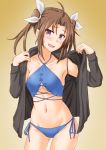  1girl alternate_costume anti_(untea9) bikini black_hoodie blue_bikini blush breasts brown_hair cleavage eyebrows_visible_through_hair gradient gradient_background hair_ornament hair_ribbon highres hood hoodie kagerou_(kantai_collection) kantai_collection long_hair looking_at_viewer medium_breasts navel open_clothes open_hoodie open_mouth purple_eyes ribbon smile solo sweat swimsuit twintails underboob_cutout 
