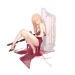  1girl against_pillar against_wall alternate_costume ask_(askzy) ass assault_rifle bangs bare_legs bare_shoulders blonde_hair braid breasts cleavage closed_mouth dress earrings eyebrows_visible_through_hair from_side girls_frontline gun halterneck high_heels holding jewelry long_hair looking_at_viewer official_art ots-14_(girls_frontline) parted_lips pillar red_dress rifle small_breasts solo torn_clothes torn_dress transparent_background weapon yellow_eyes 