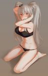  1girl adjusting_hair bangs black_panties blush breasts eyebrows_visible_through_hair grey_hair kneeling large_breasts looking_at_viewer mouth_hold noccu panties red_eyes senran_kagura senran_kagura_shoujo-tachi_no_shin&#039;ei solo sports_bra twintails underwear yagyuu_(senran_kagura) 