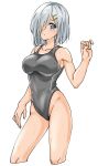  1girl blue_eyes breasts competition_swimsuit contrapposto cowboy_shot grey_swimsuit hair_ornament hair_over_one_eye hairclip hamakaze_(kantai_collection) highleg highleg_swimsuit highres kantai_collection large_breasts looking_at_viewer maonatten one-piece_swimsuit short_hair silver_hair simple_background solo standing swimsuit white_background 