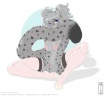  5_fingers anthro bangs blue_eyes breasts clothing felid female fingers fur genitals grey_body grey_fur grey_hair hair legwear lily_(sakuradlyall) llmixll long_tail mammal nipples pantherine pigtails pink_nose pussy shadow simple_background snow_leopard solo stockings tail_fetish tail_in_mouth tail_play text url 