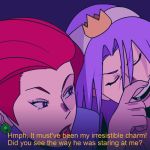  1boy 1girl closed_eyes crown english_text facing_viewer green_earrings hand_up highres kojirou_(pokemon) looking_at_another musashi_(pokemon) pokemon pokemon_(anime) purple_eyes purple_hair red_hair red_lips simple_background sinful_hime team_rocket 